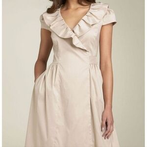 Suzi Chin for Maggy Boutique SZ 2P Tan Ruffle Pockets Wrap Cocktail Party Dress